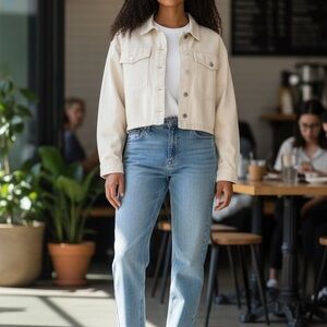 Miou Muse Women’s Cream Cropped Wide Jean Jacket Size M Pockets Cotton